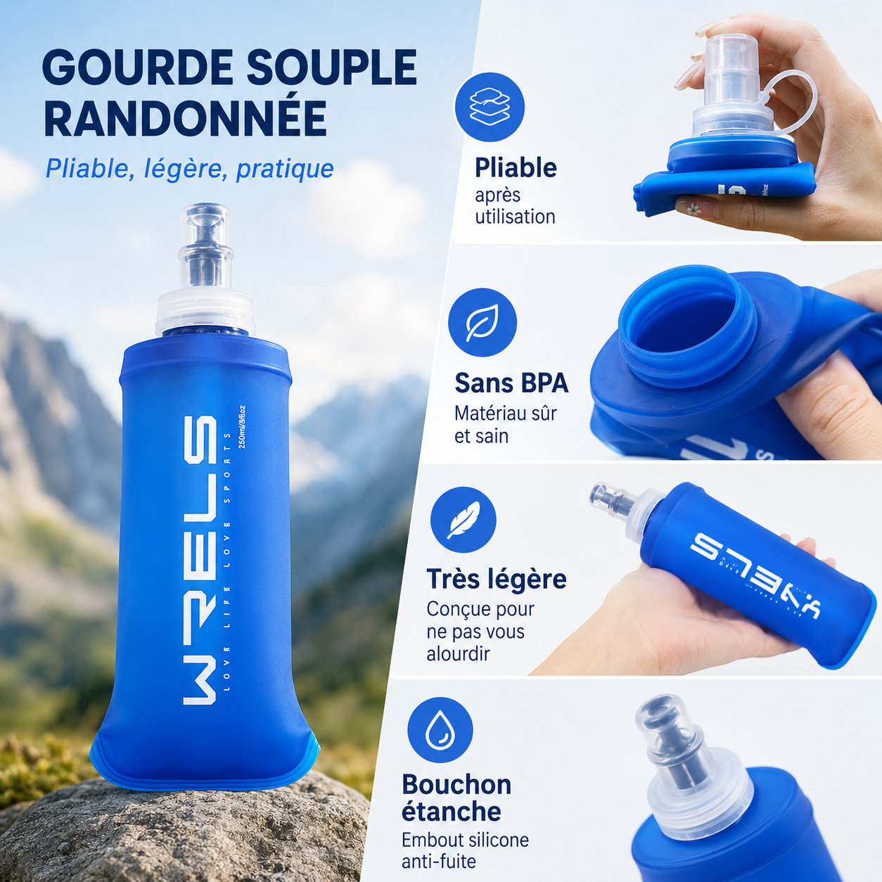 Gourde souple randonnée pliable légère porté en extérieur sur sentier Passion Randonnée.