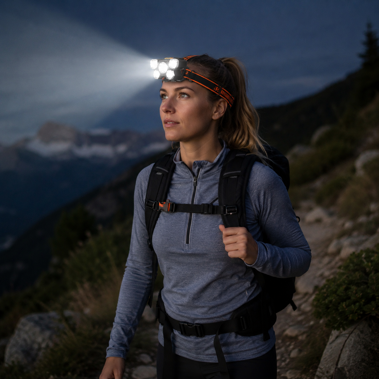 Lampe frontale multi-lampes Passion Randonnee portee en randonnee nocturne.