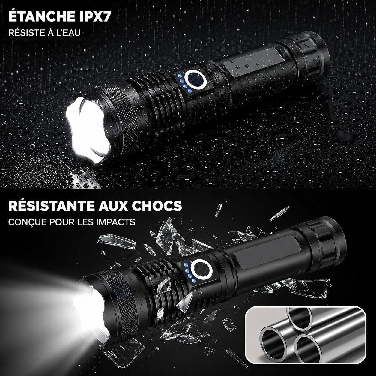 Lampe torche etanche IPX7 Passion Randonnee, resistante aux chocs et aux intemperies.