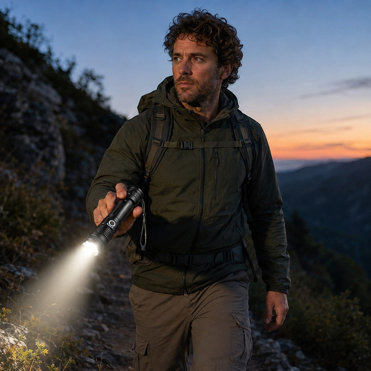 Lampe torche haute puissance Passion Randonnee utilisee sur sentier au crepuscule.