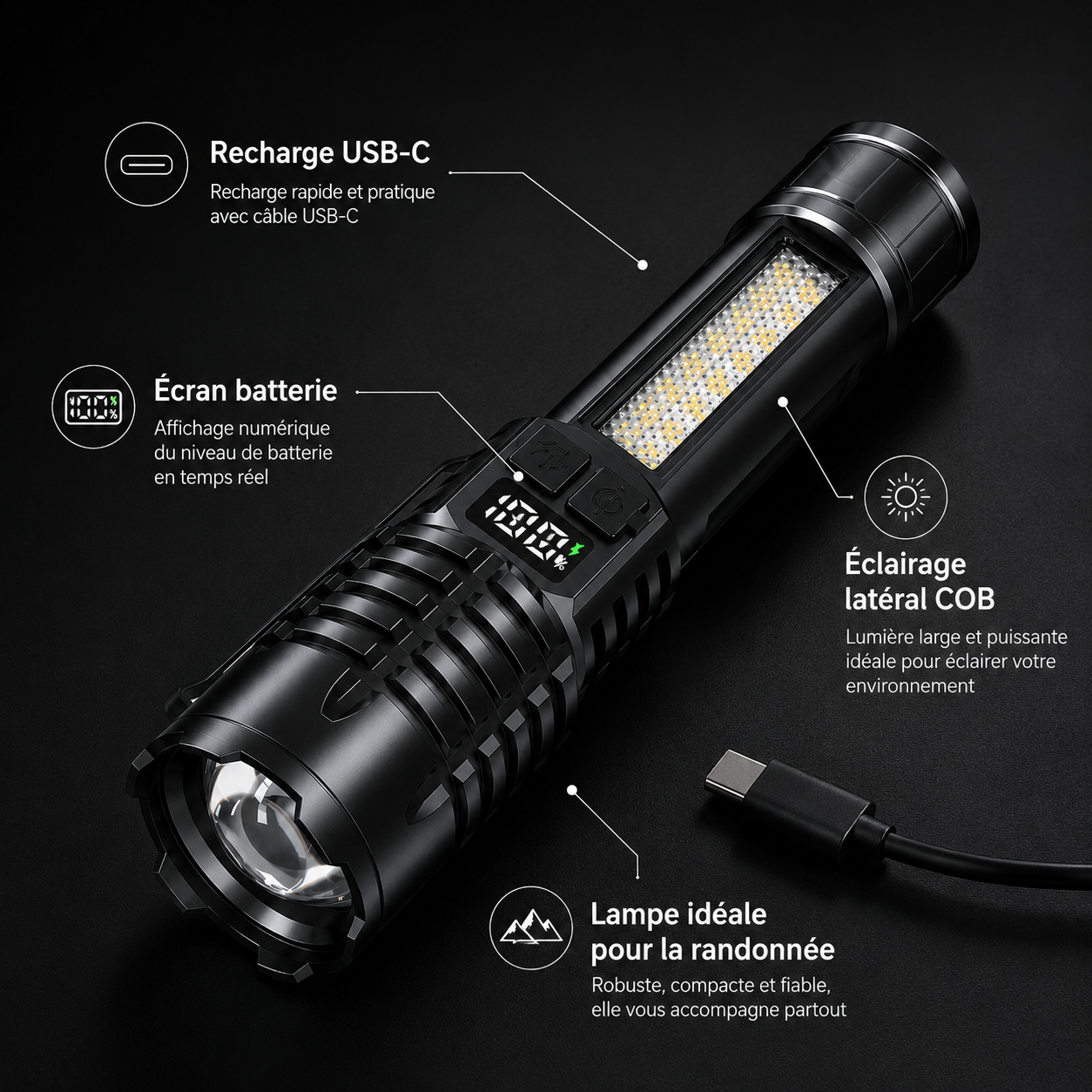 Detail des LEDs laterales de la lampe torche Passion Randonnee.