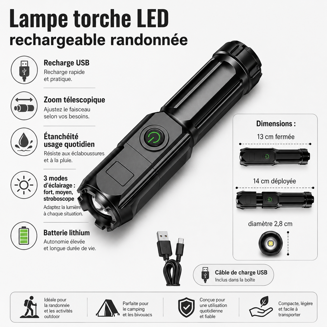 Lampe torche LED rechargeable Passion Randonnee utilisee en exterieur la nuit.