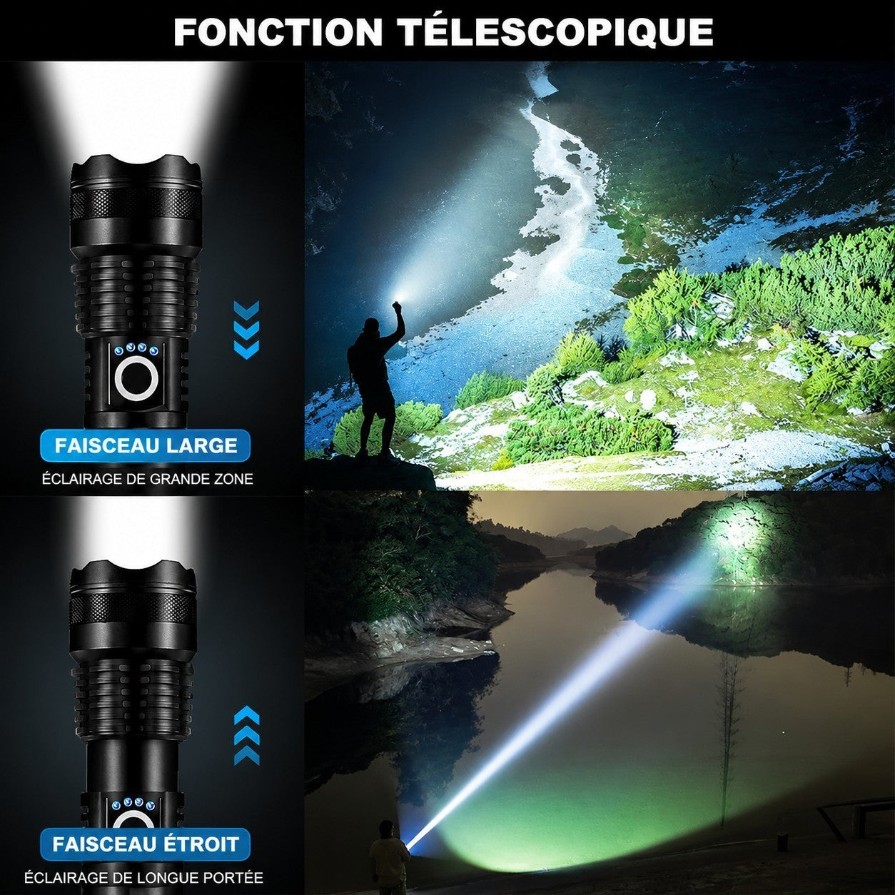 Lampe torche telescopique Passion Randonnee, faisceau reglable en exterieur.