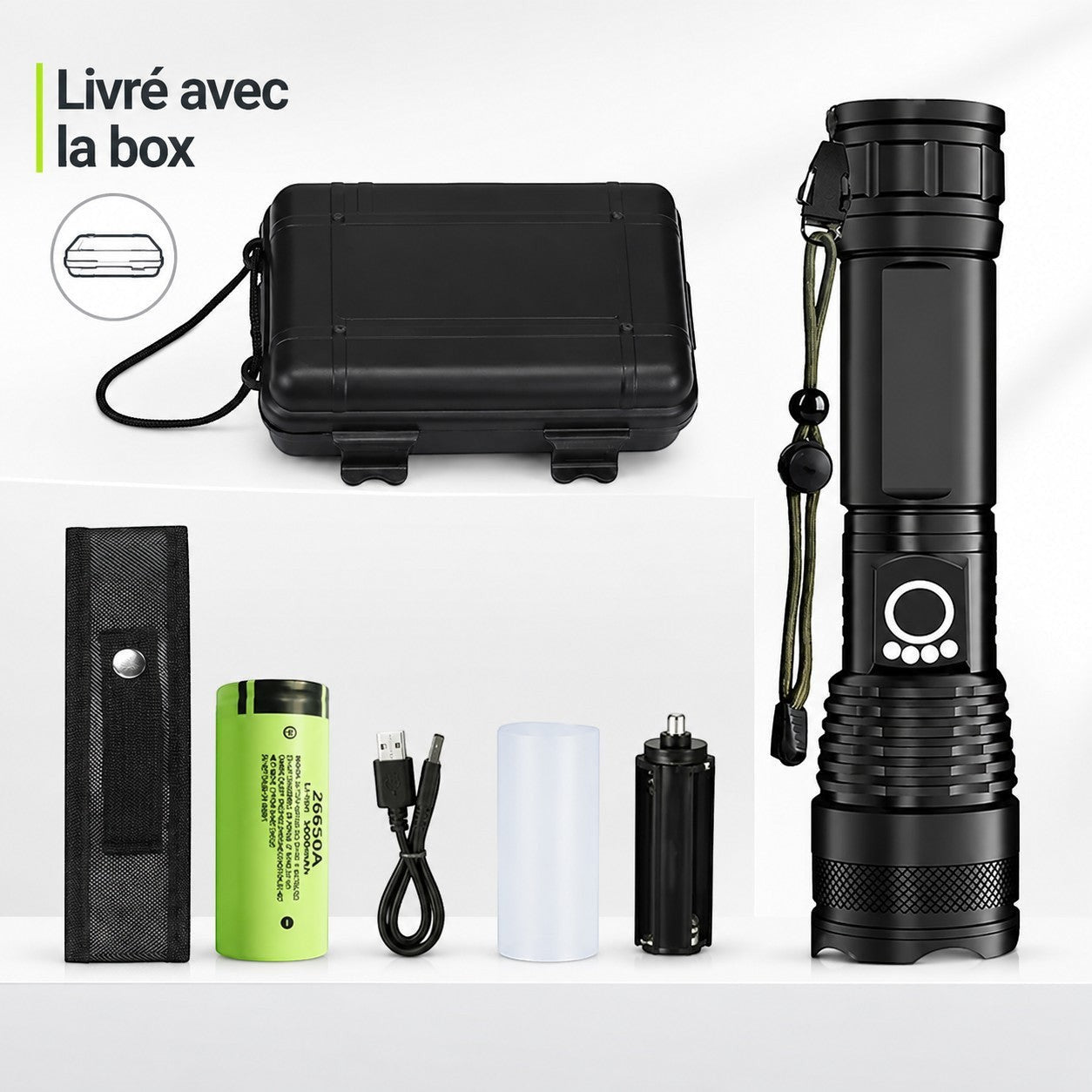 Lampe torche USB-C Passion Randonnee avec son pack d'accessoires inclus.