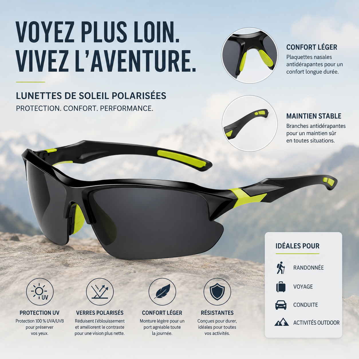 Detail supplementaire des lunettes randonnee polarisees UV Passion Randonnee.