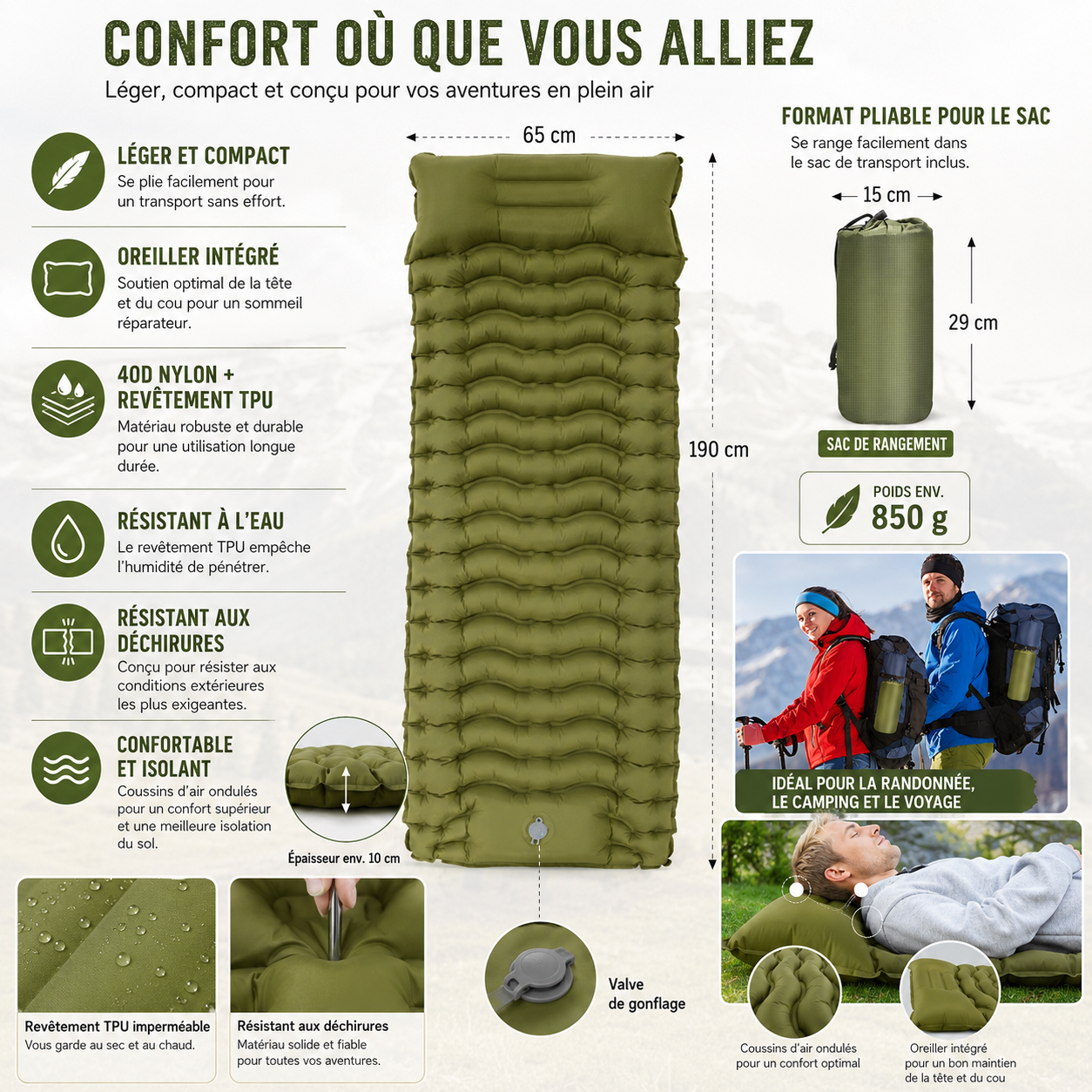Matelas gonflable trekking leger et compact Passion Randonnee, vue de face.