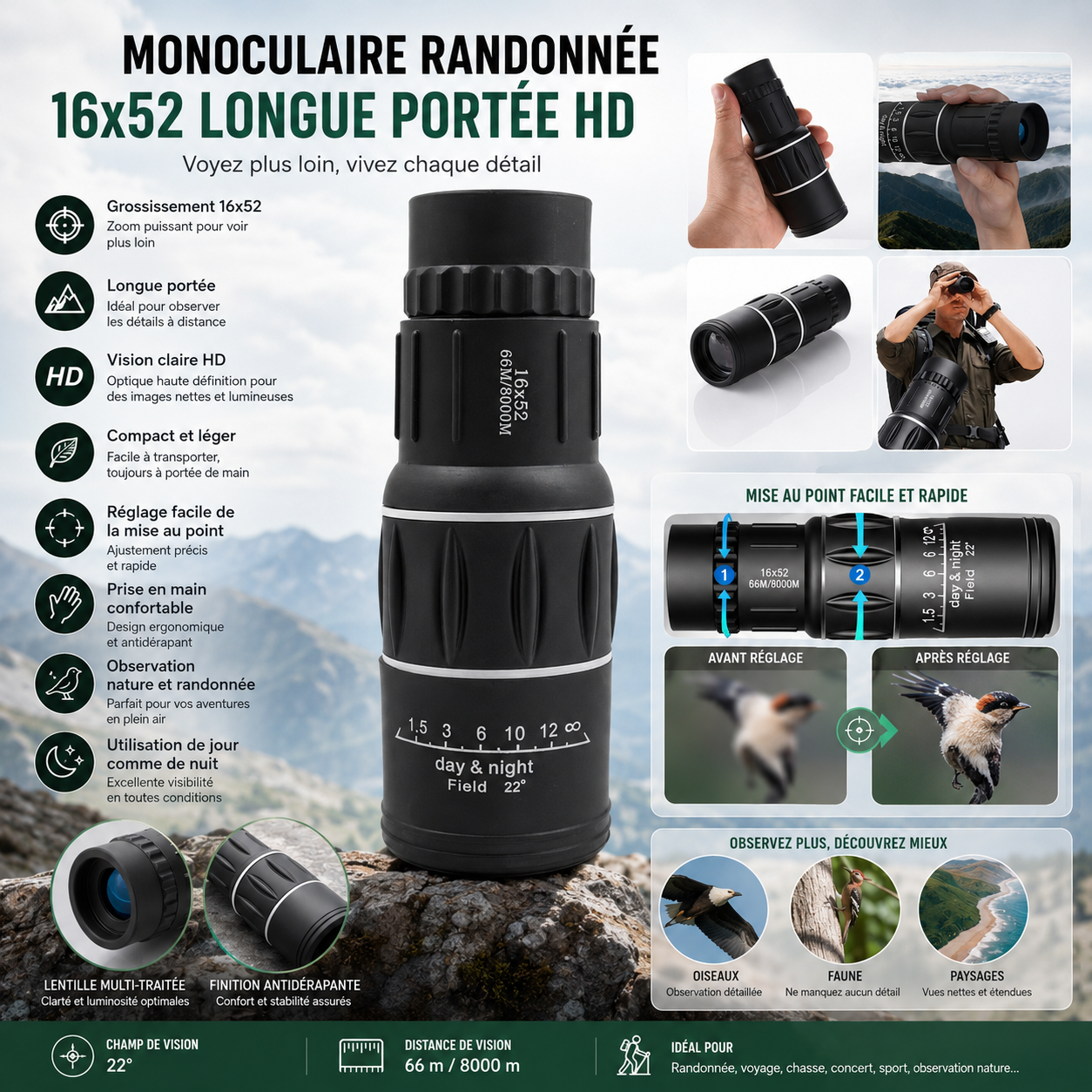 Detail de l'optique du monoculaire 16x52 HD Passion Randonnee, lentilles haute definition.