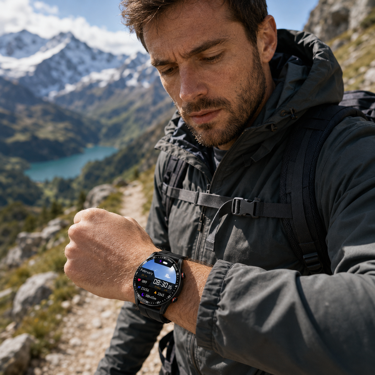 Montre connectee de randonnee multifonctions Passion Randonnee, vue de face, cadran lisible.