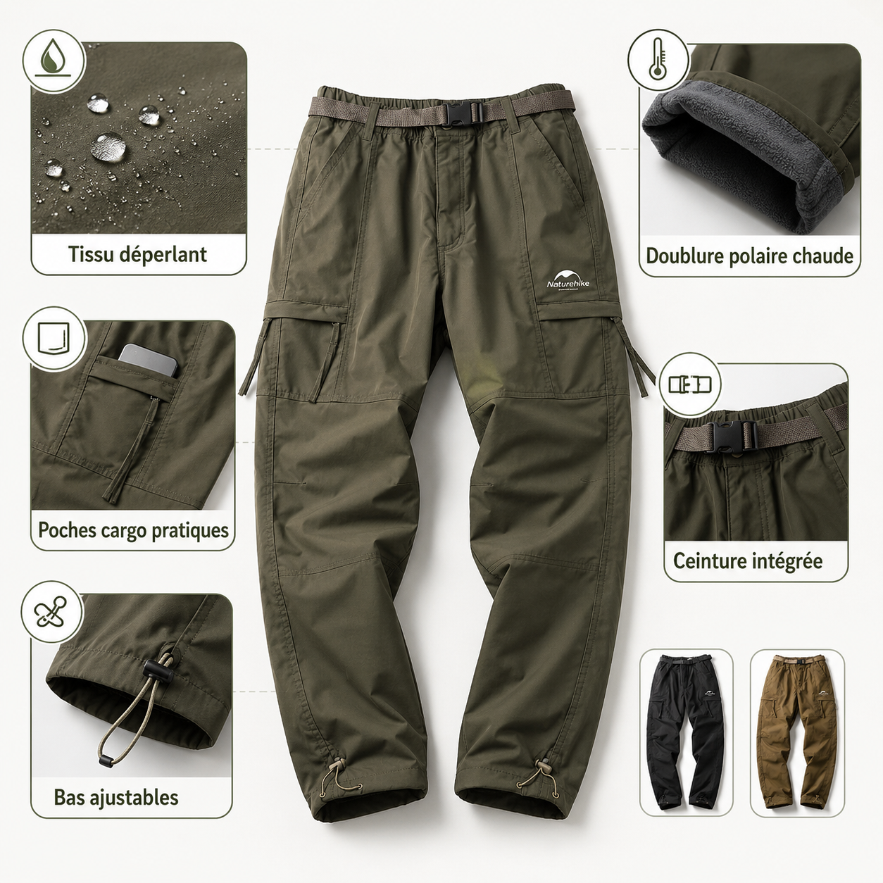 Detail des bas de jambe zippes du pantalon cargo mixte hiver Passion Randonnee.
