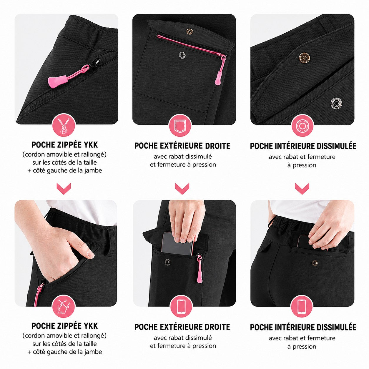 Details des poches zippees du pantalon femme Passion Randonnee, fonctionnelles en randonnee.
