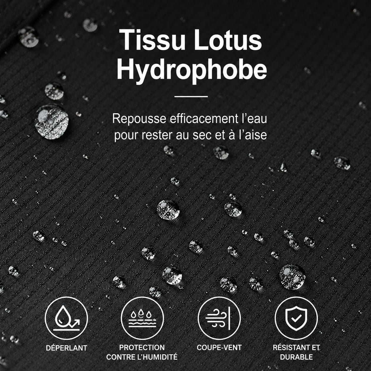 Zoom sur le tissu lotus hydrophobe du pantalon femme Passion Randonnee, effet deperlant.
