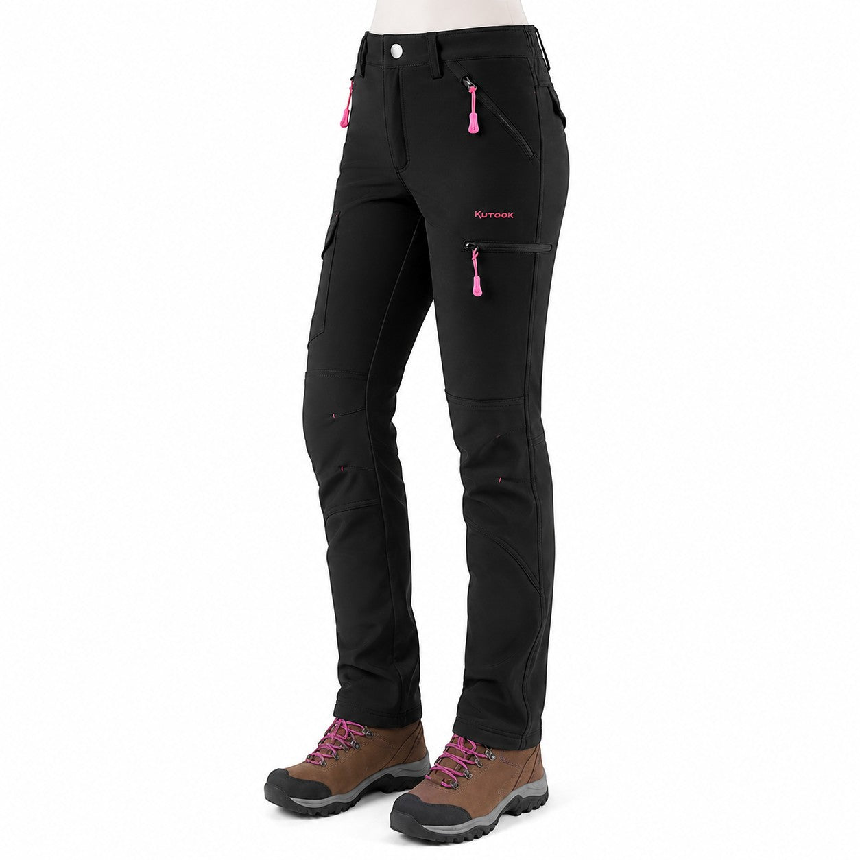 Pantalon de trekking femme noir Passion Randonnee, vue de face, coupe ajustee.