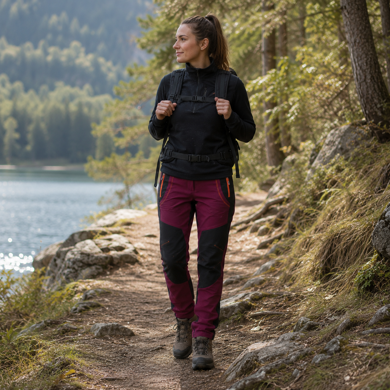 Femme portant un pantalon de trekking protection froid Passion Randonnee, vue de face.
