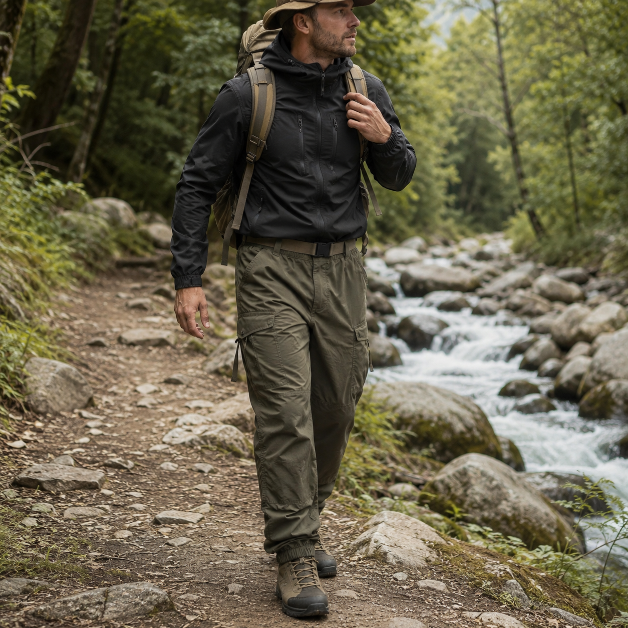 Pantalon de trekking cargo mixte hiver Passion Randonnee, vue de face avec poches laterales.