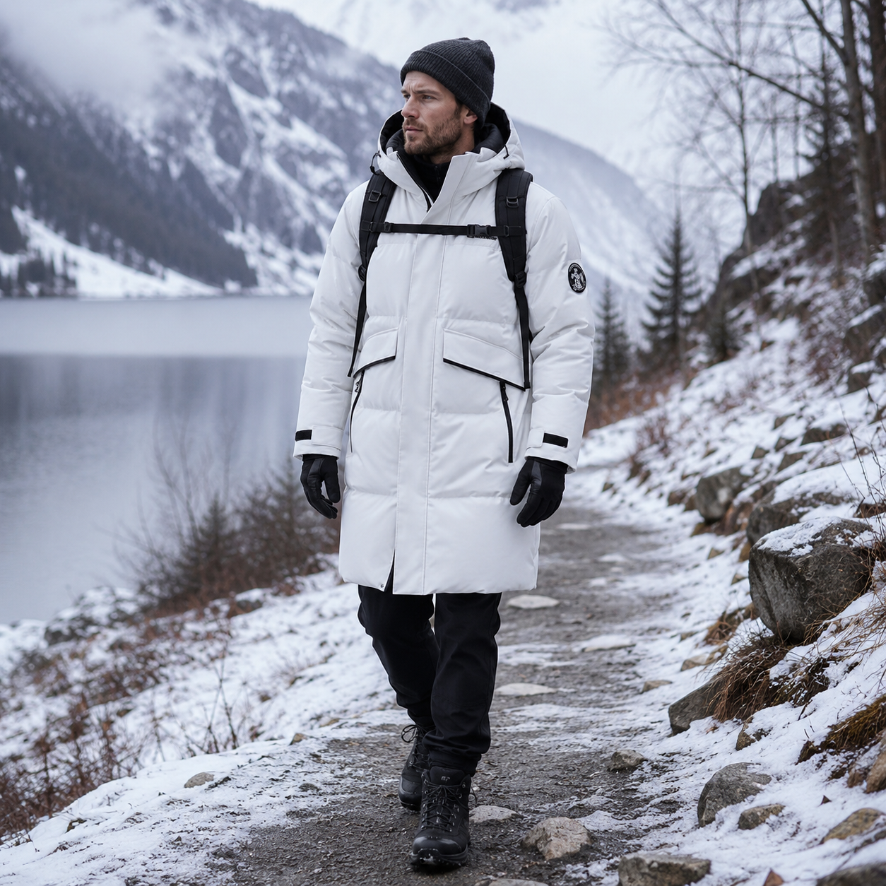 Profil de la parka longue homme grand froid Passion Randonnee, longueur couvrant les cuisses.