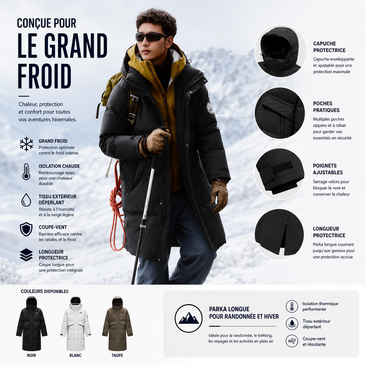 Vue de dos de la parka longue grand froid homme Passion Randonnee, coupe ample et chaude.