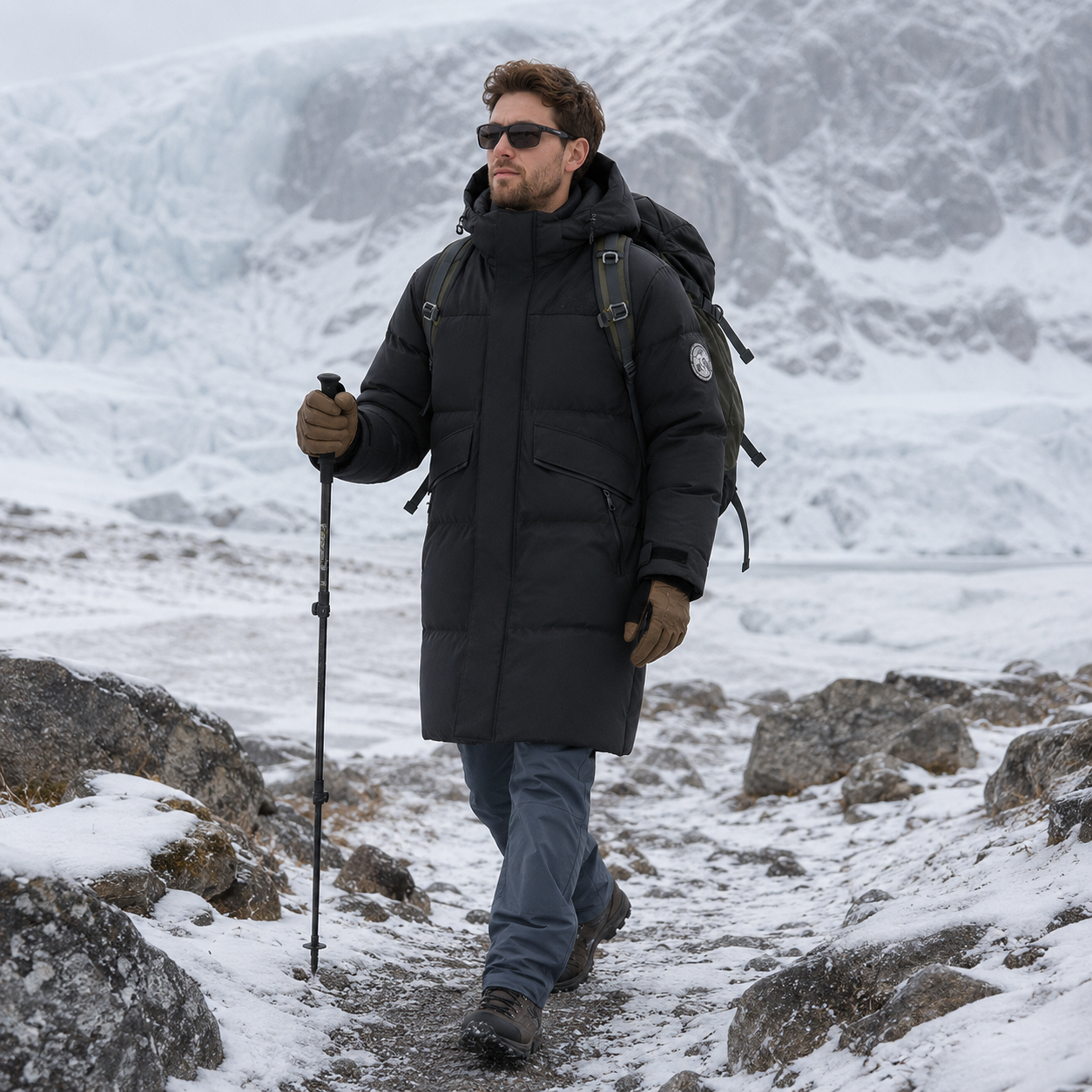 Homme portant une parka longue grand froid Passion Randonnee, vue de face, coupe longue protectrice.