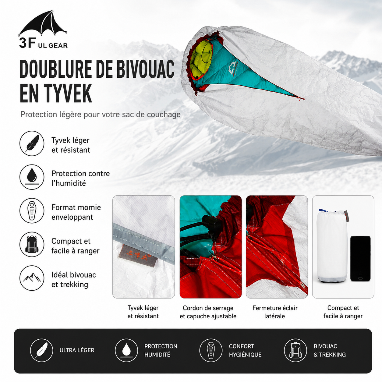 Detail de la protection bivouac sac de couchage Passion Randonnee, impermeable.