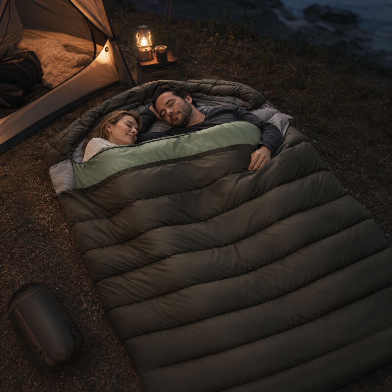 Sac de couchage camping 2 personnes chaud Passion Randonnee, vue de face.