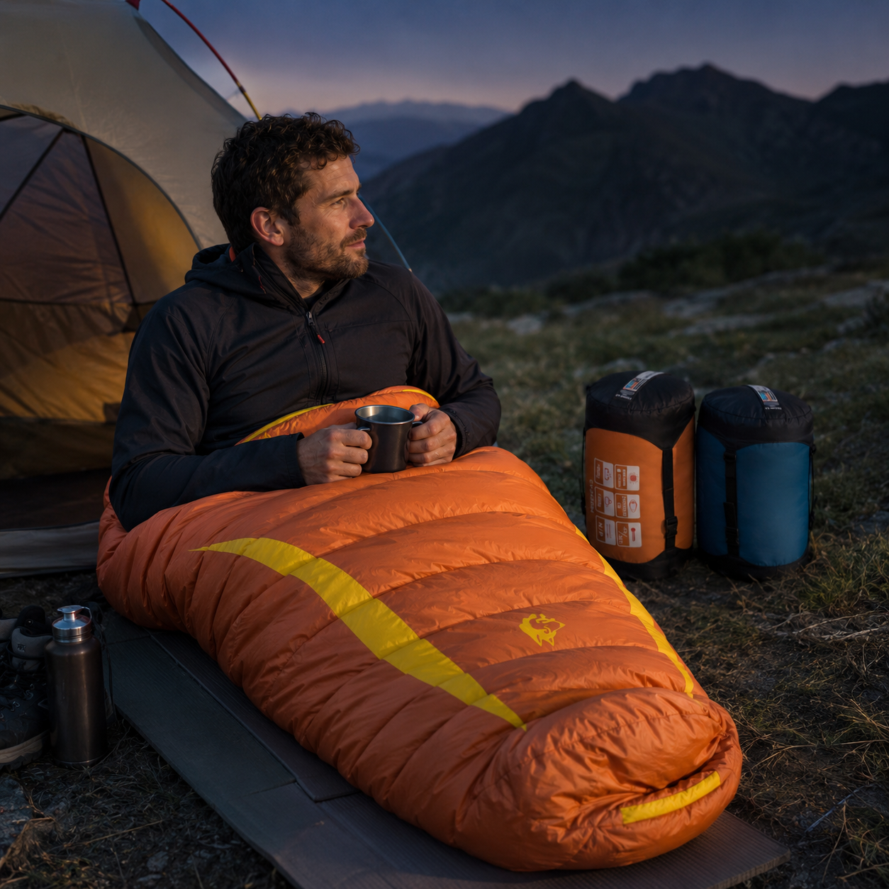 Sac de couchage camping forme momie Passion Randonnee, vue de face.
