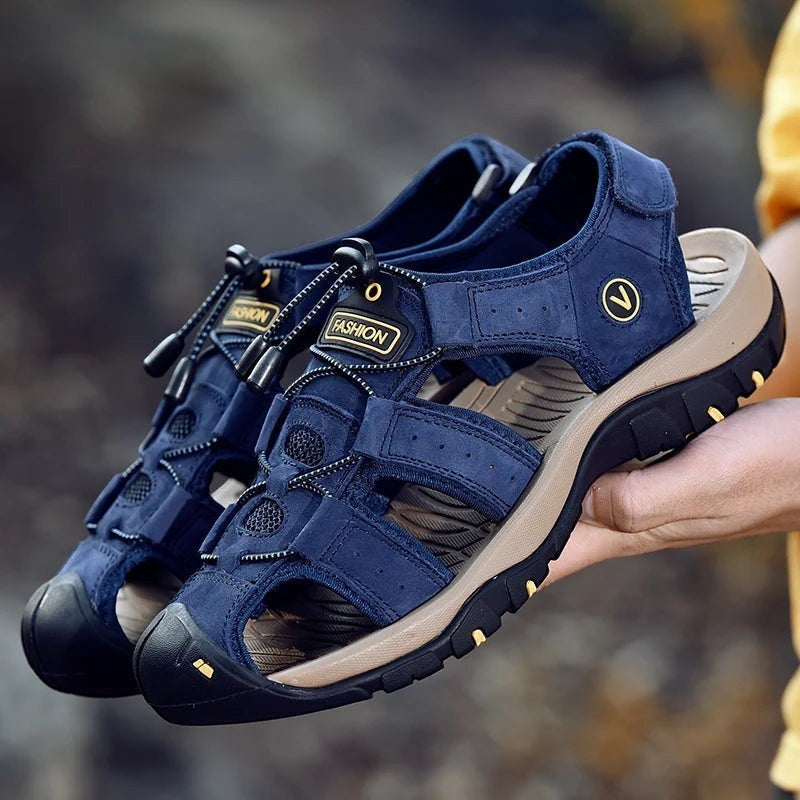 Sandales sport bleu marine en cuir veritable Passion Randonnee, semelle antiderapante outdoor.