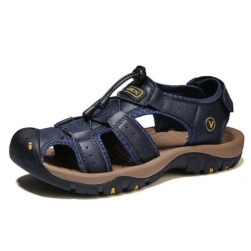 Sandales sport homme bleu marine en cuir veritable Passion Randonnee, semelle souple confort.