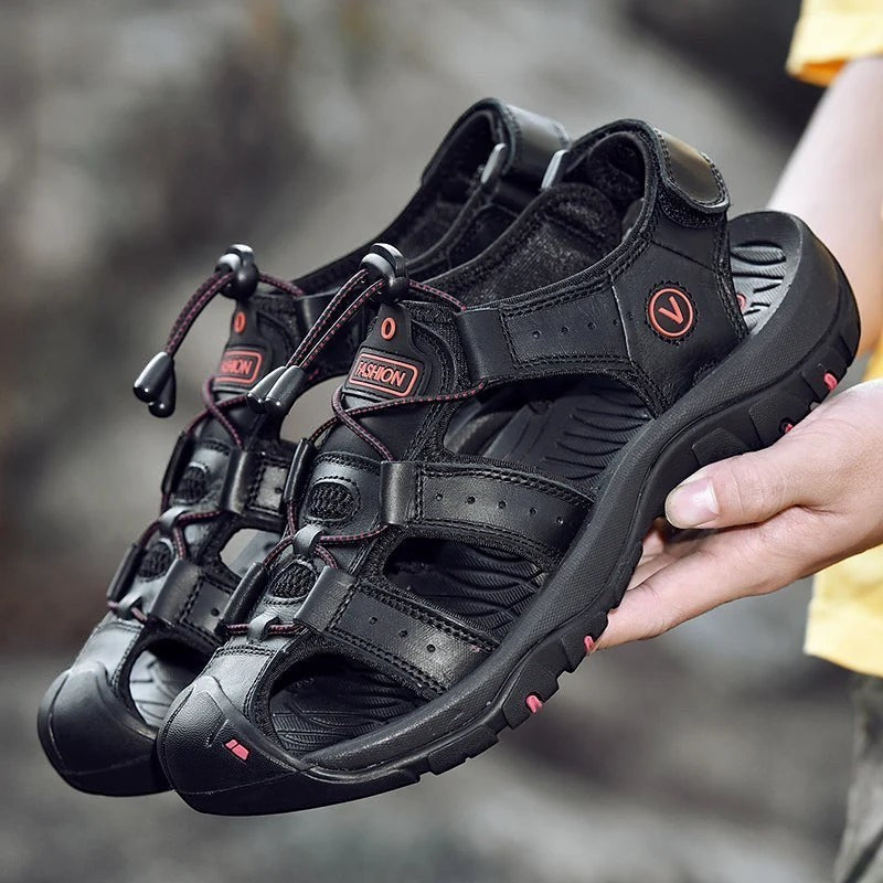 Sandales sport homme noir en cuir Passion Randonnee, ete et marche, semelle antiderapante.