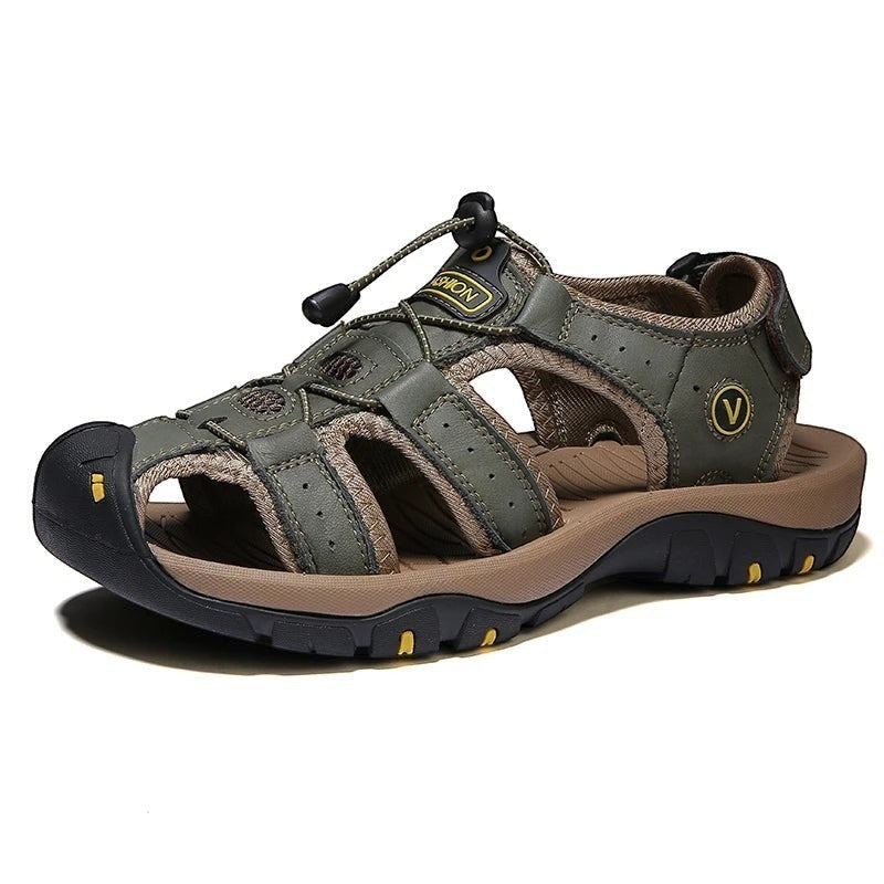 Sandales sport homme vert cuir veritable Passion Randonnee, respirantes confort marche.