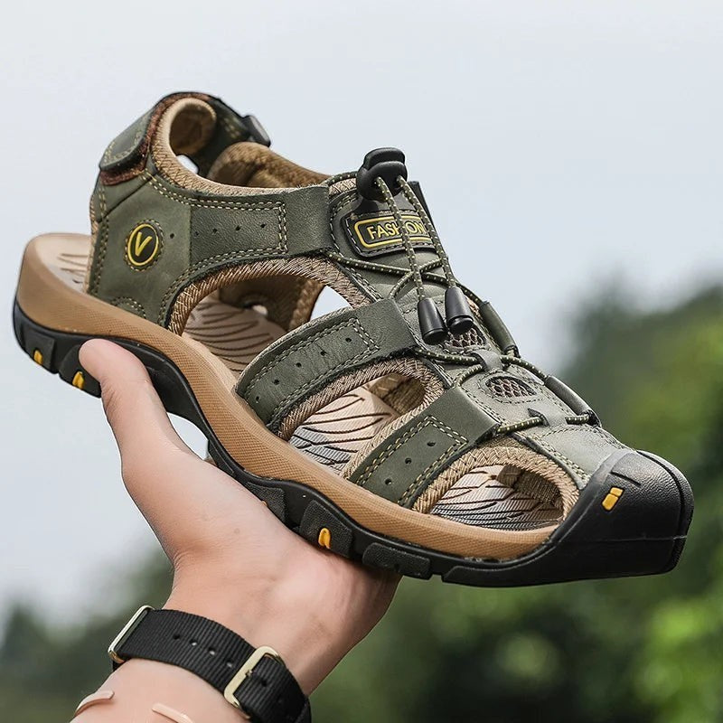 Sandales sport homme vert en cuir Passion Randonnee, semelle antiderapante confort outdoor.