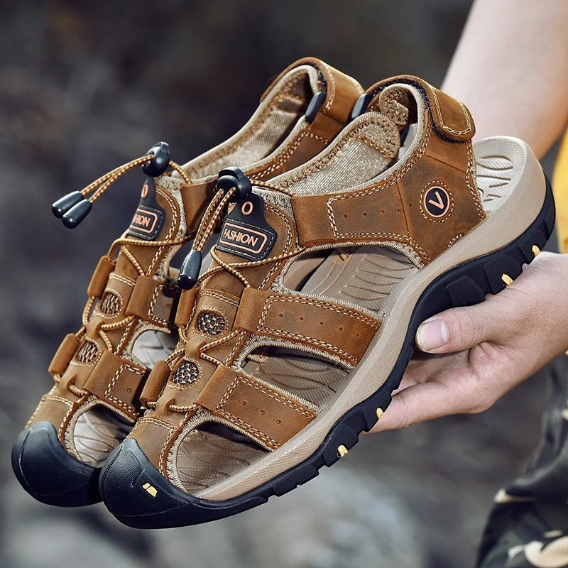 Sandales sport marron en cuir veritable Passion Randonnee, ete et marche, antiderapantes.