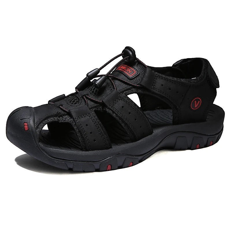 Sandales sport noir en cuir Passion Randonnee, semelle flexible confort pour la marche.