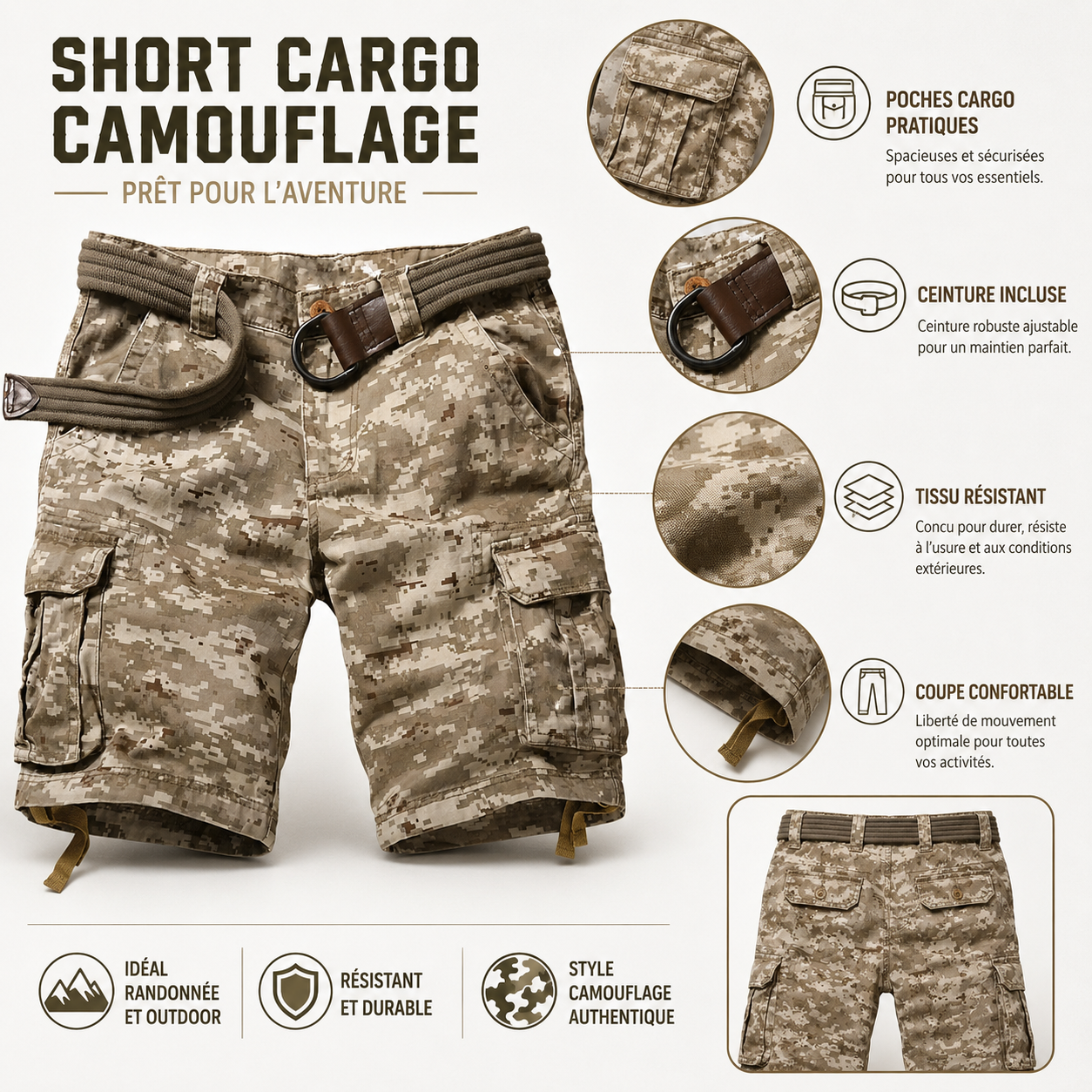 Vue de dos du short de randonnee camouflage Passion Randonnee.