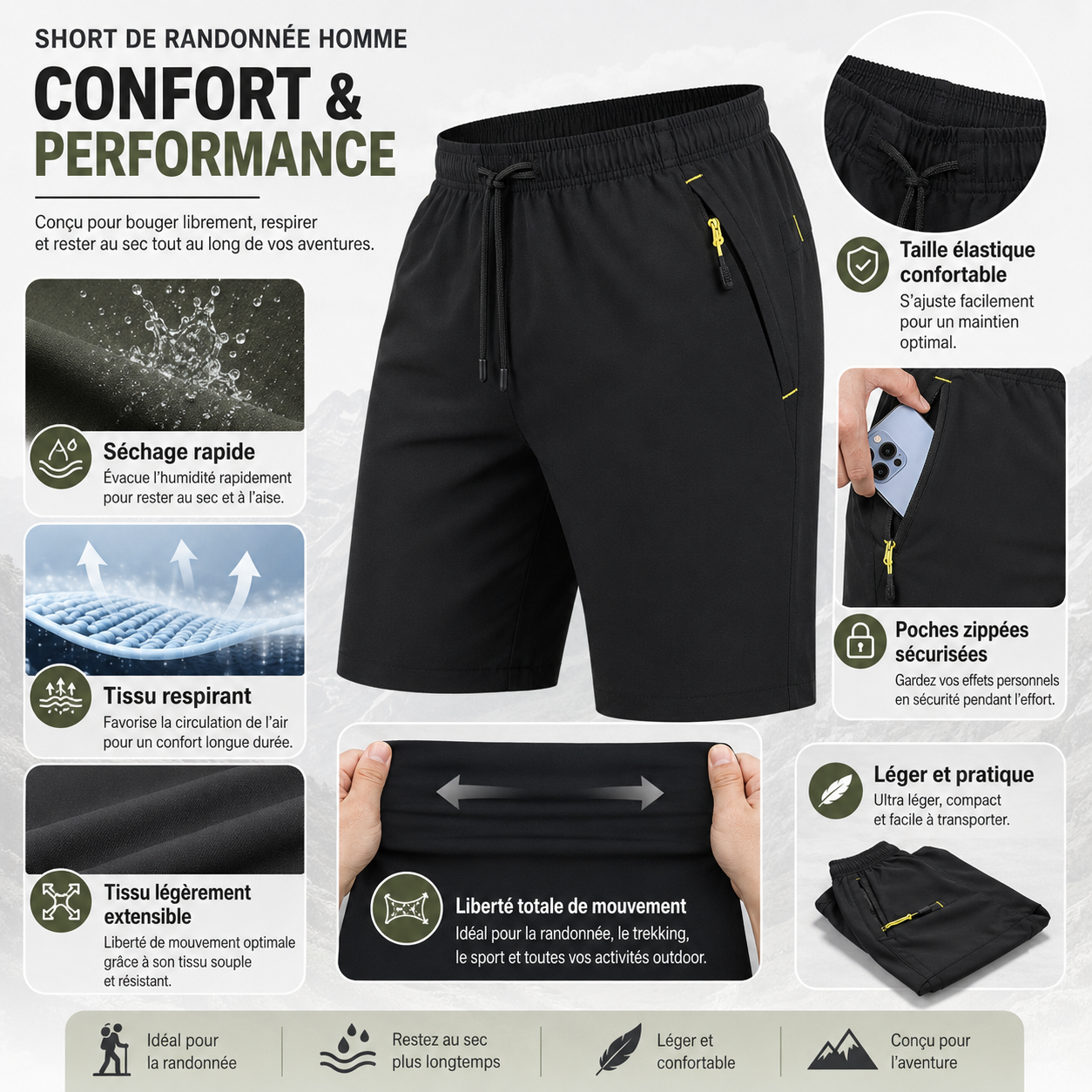 Vue de dos du short de randonnee homme quick-dry Passion Randonnee.
