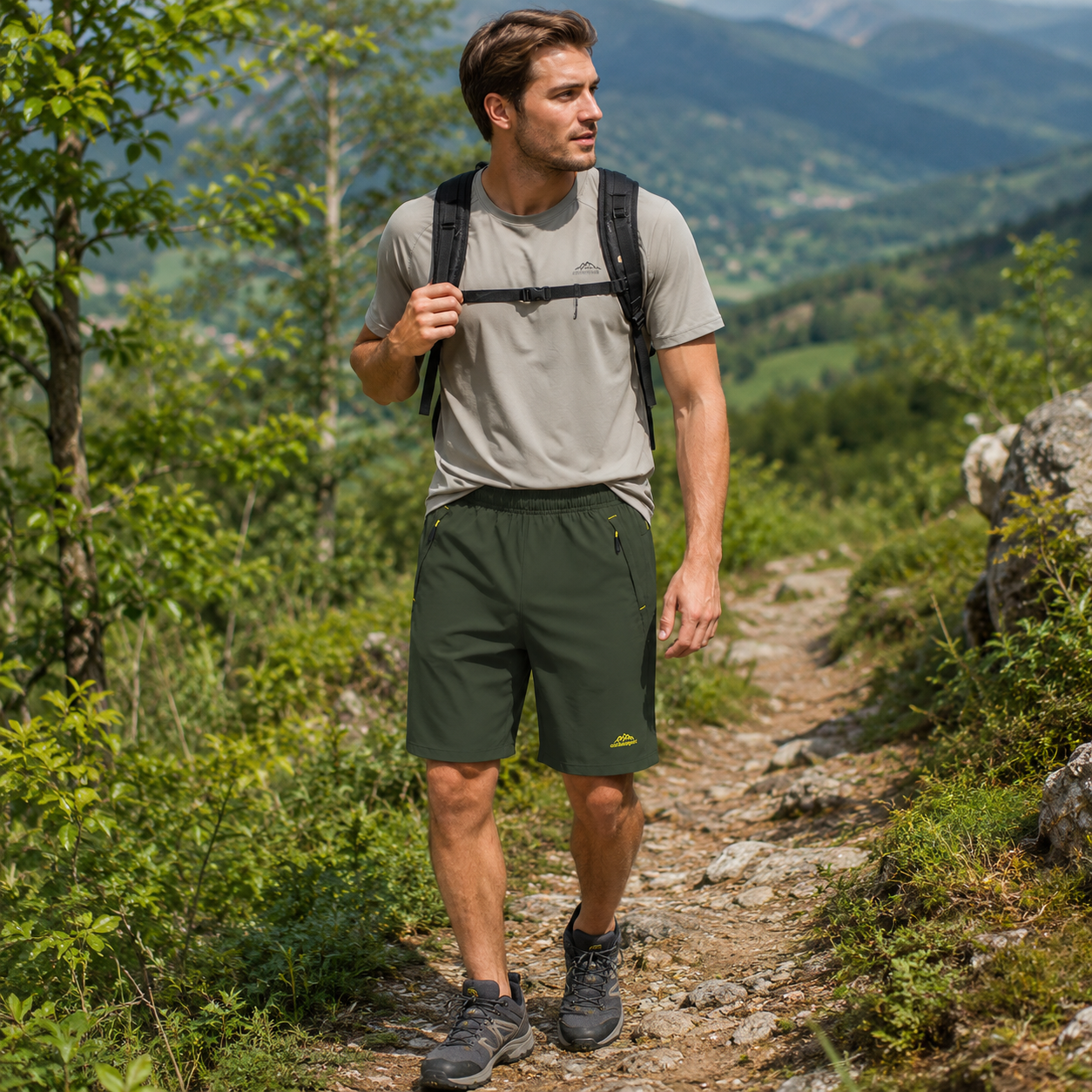 Homme portant un short de randonnee quick-dry Passion Randonnee, vue de face.
