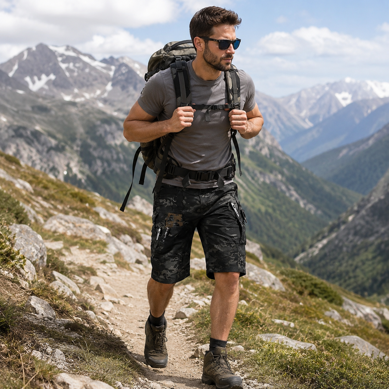 Short trekking homme multi-poches Passion Randonnee, vue de face.
