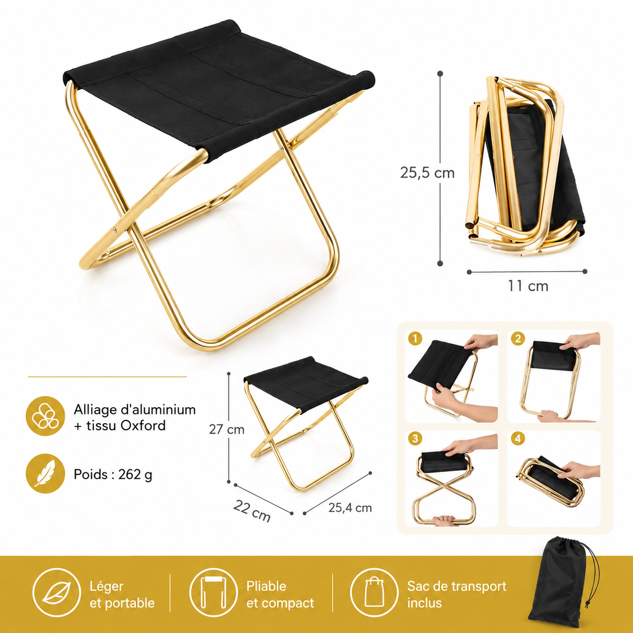 Detail des pieds antiderapants du tabouret camping pliant Passion Randonnee, stabilite optimale.