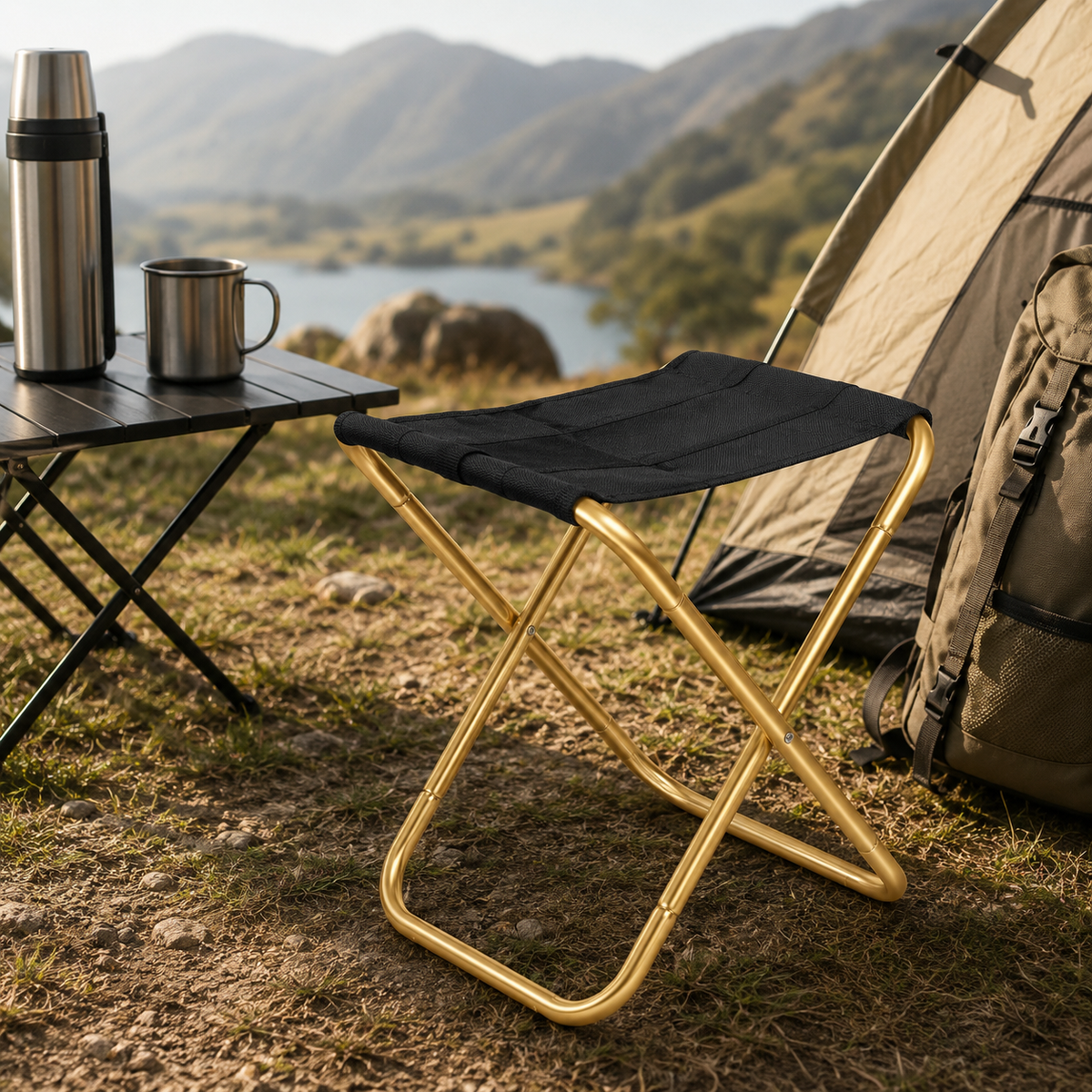 Profil du tabouret de camping pliant Passion Randonnee, structure solide et légère.