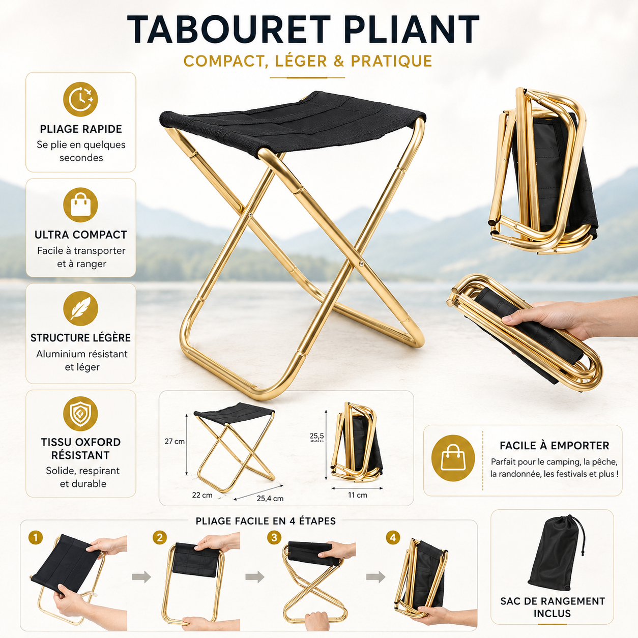 Vue de dos du tabouret de camping pliant Passion Randonnee, finitions soignees.