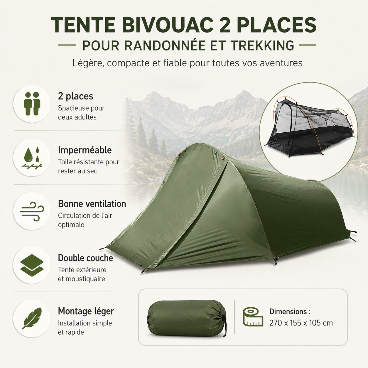 Vue interieure de la tente bivouac 2 personnes Passion Randonnee, spacieuse.