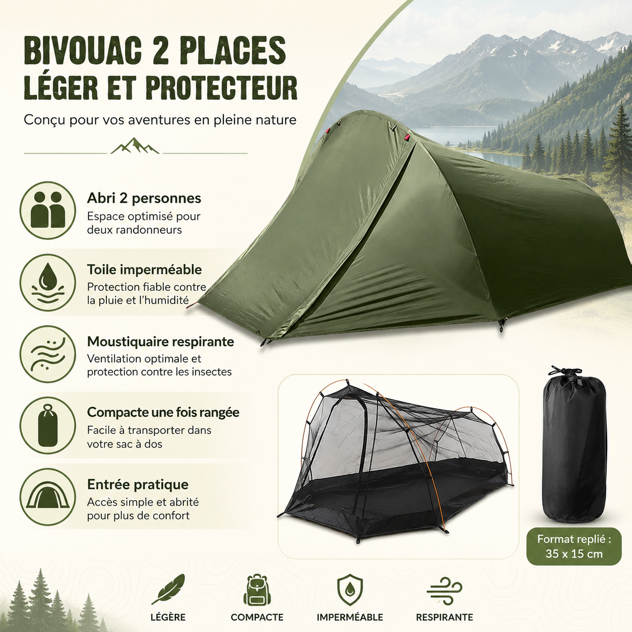 Tente bivouac 2 personnes impermeable Passion Randonnee en bivouac de montagne.