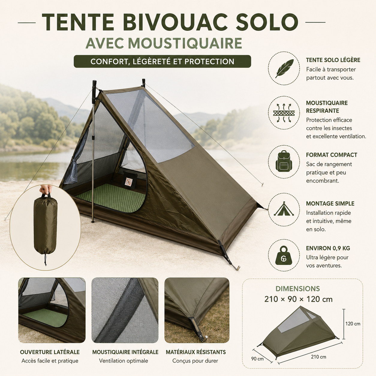 Detail de l'entree de la tente bivouac solo avec moustiquaire Passion Randonnee.