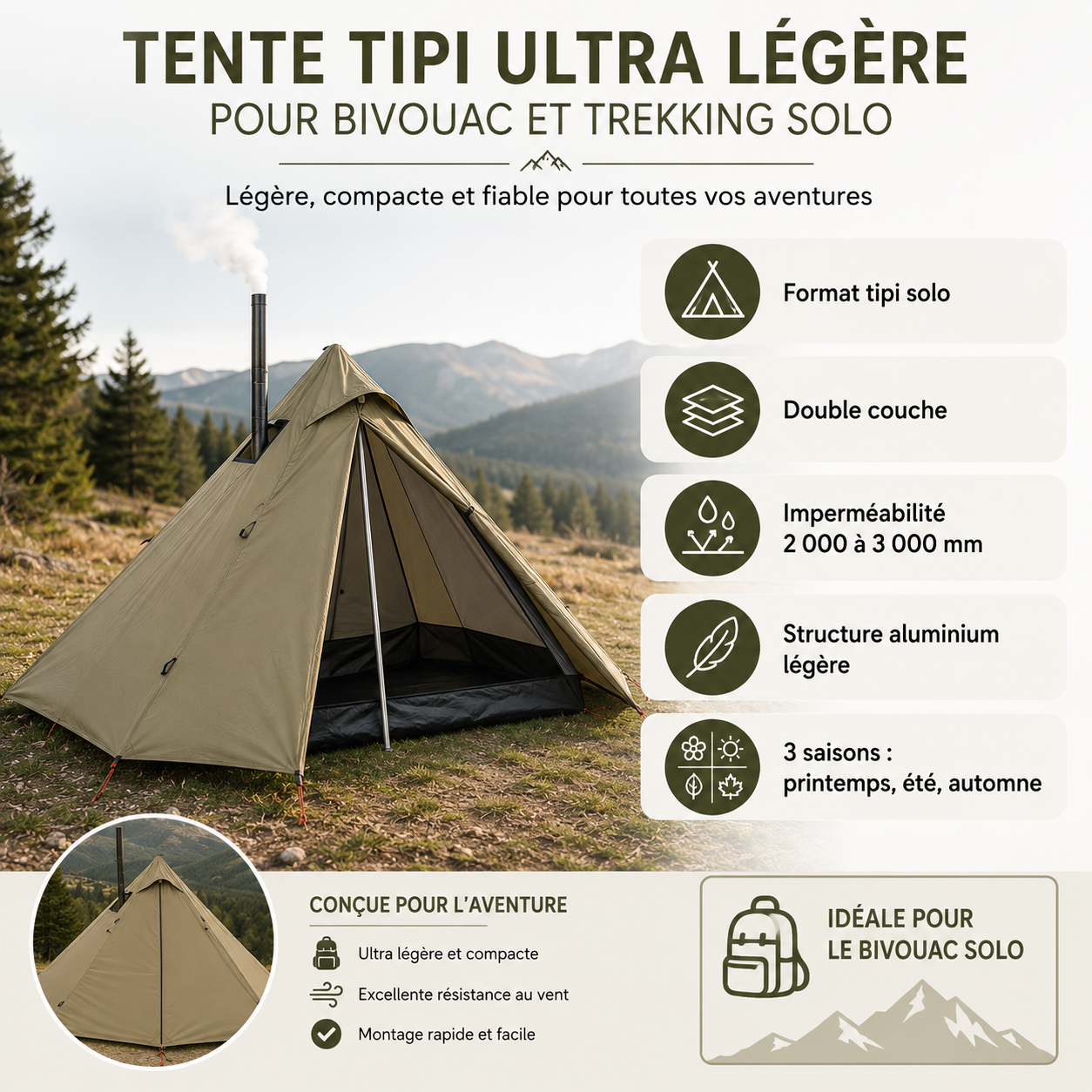 Tente bivouac trekking tipi ultralegere Passion Randonnee, vue de face.