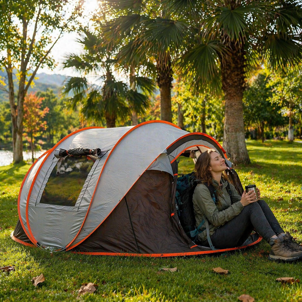 Randonneuse assise à l’entrée d’une tente de camping grise et orange Passion Randonnée, dans un espace naturel verdoyant, avec sac à dos et tasse de voyage.