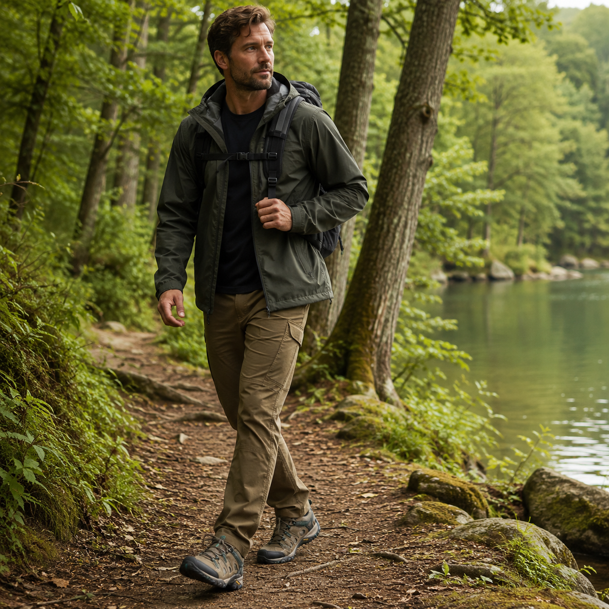 Homme en randonnée avec une tenue outdoor Passion Randonnée sur un chemin en forêt au bord d’un lac, avec veste kaki, pantalon beige et sac à dos.