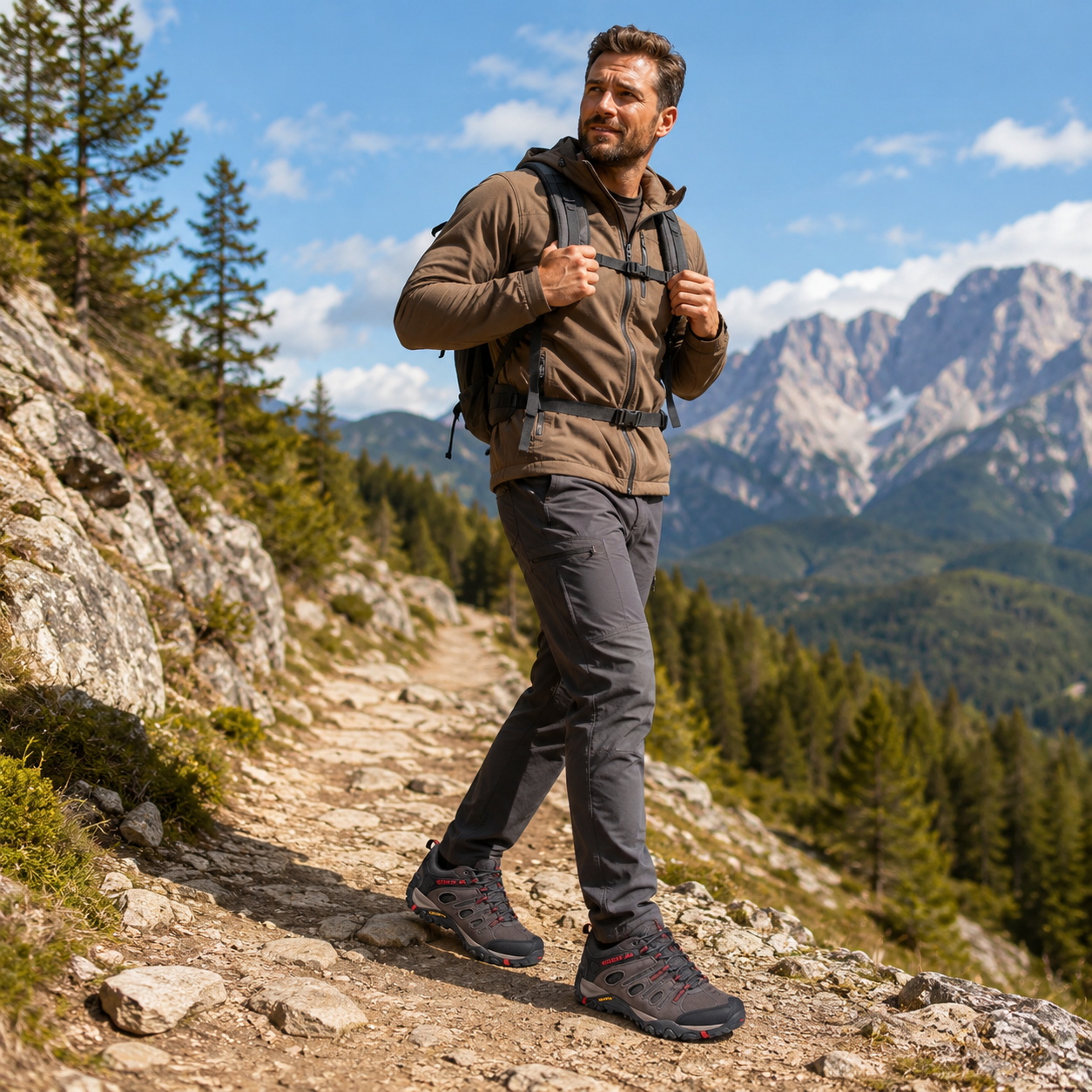 Homme portant une tenue de randonnée Passion Randonnée sur un sentier de montagne, avec veste marron, pantalon gris, sac à dos et chaussures de marche.