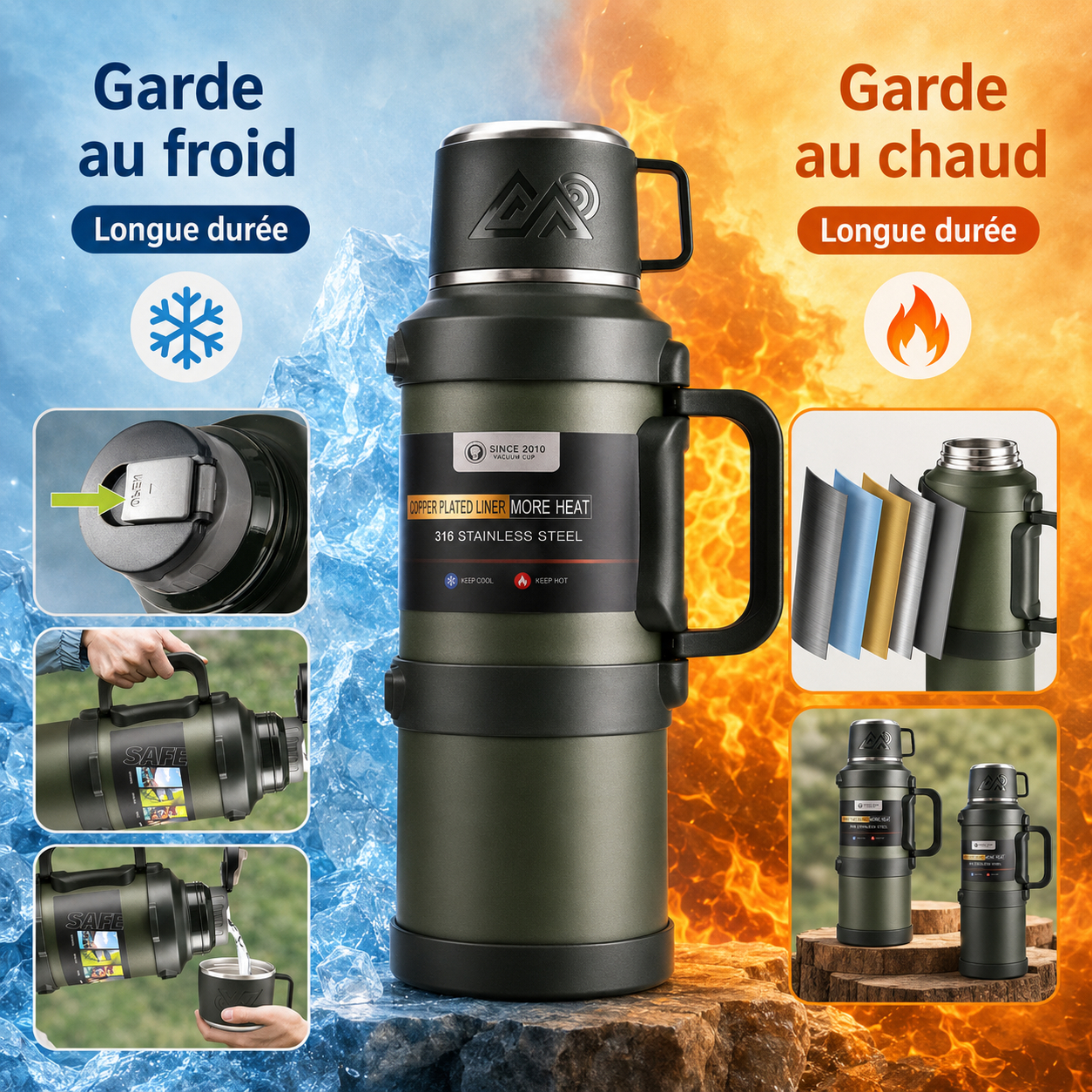Thermos camping grande capacité inox isotherme porté en extérieur sur sentier Passion Randonnée.