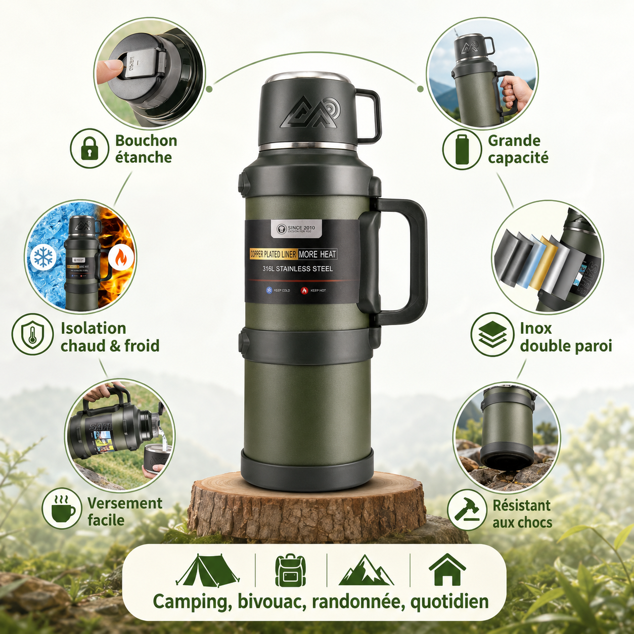 Thermos camping grande capacité inox isotherme vue de dos Passion Randonnée.