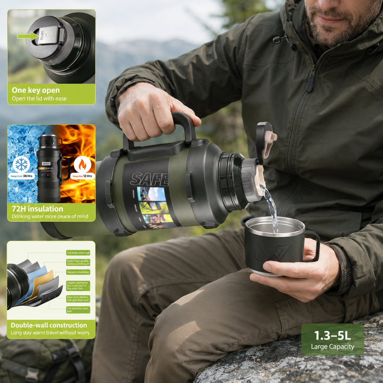 Thermos camping grande capacité inox isotherme vue de face, équipement outdoor Passion Randonnée.