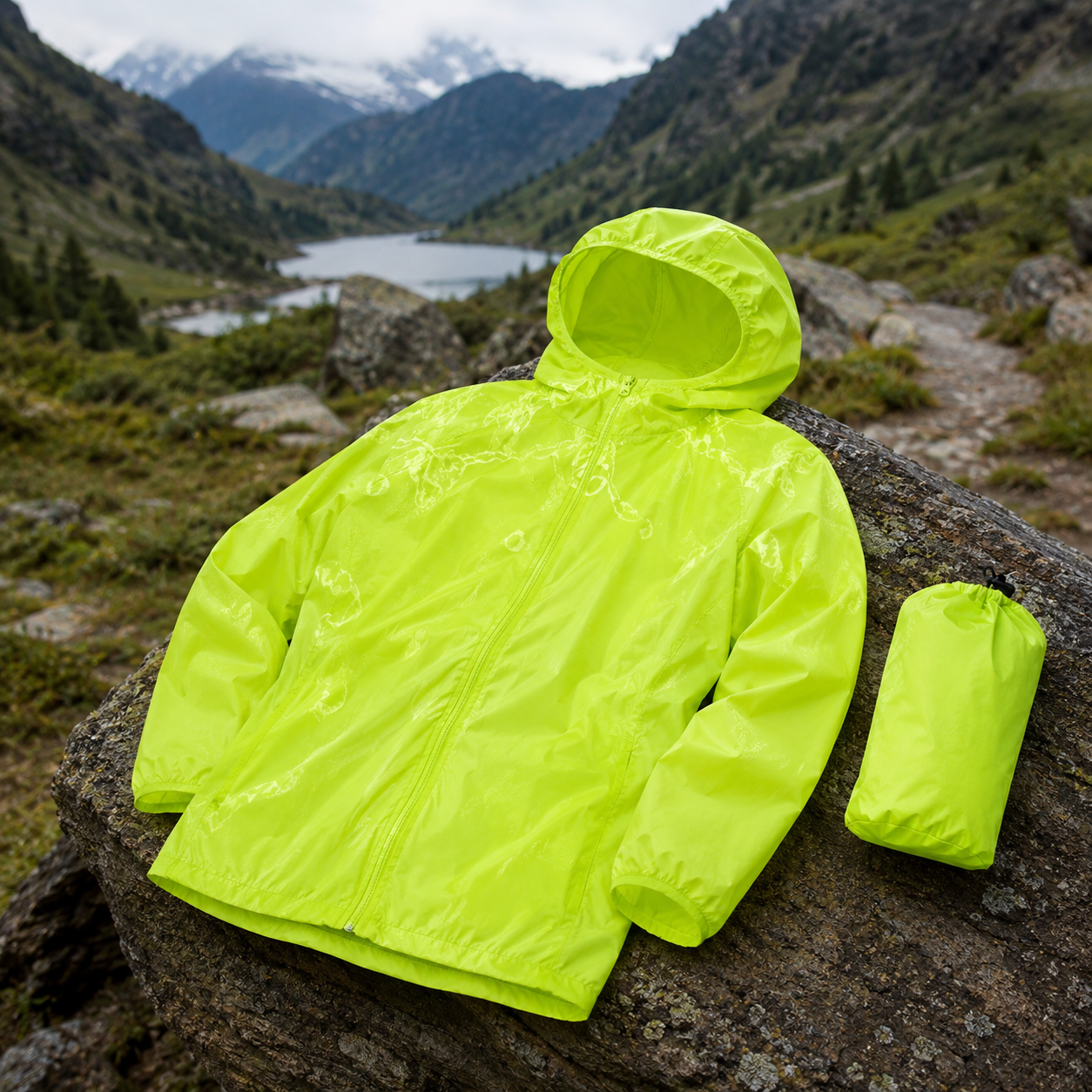 Veste coupe-vent aventure Passion Randonnee portee sur sentier de montagne.