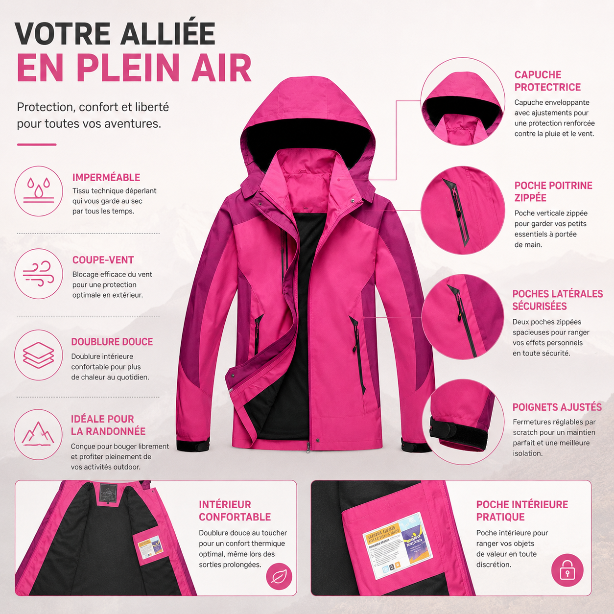 Vue de dos de la veste randonnee aventure femme Passion Randonnee, tissu respirant.